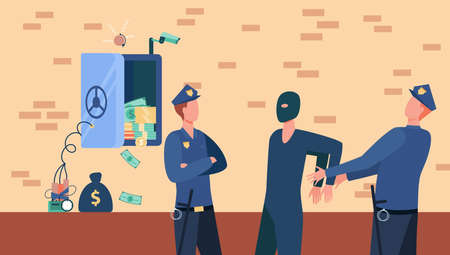 Police officers arresting bank safe robber man. Policemen catching thief flat vector illustration. Security, robbery crime concept for banner, website design or landing web pageのイラスト素材