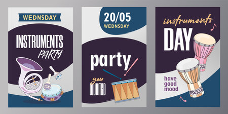 Stylish party invitation designs with musical instruments. Creative holiday invitations with trombone, tambourine and drums. Music and entertainment concept. Template for leaflet, banner or flyerのイラスト素材