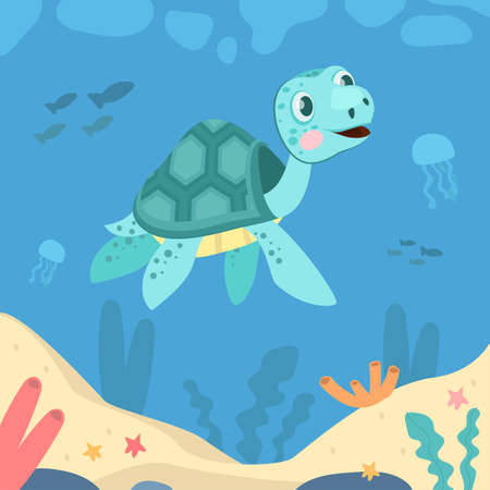 Cute turtle swimming in ocean and smiling. Jellyfish, coral, sea flat vector illustration. Animals and underwater wildlife concept for banner, website design or landing web pageのイラスト素材