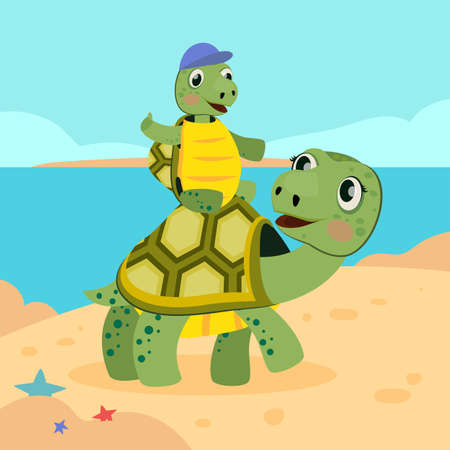 Turtle mother playing with her kid on beach and smiling. Sea, sand, family flat vector illustration. Animals and summer activity concept for banner, website design or landing web pageのイラスト素材