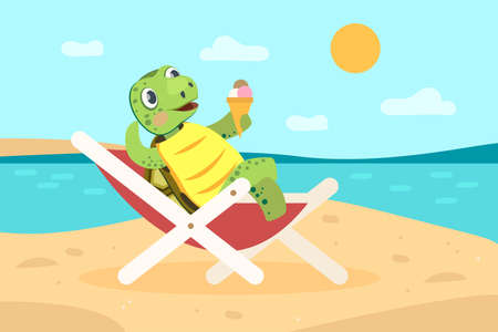 Happy turtle relaxing on sea beach with ice cream. Deckchair, vacation, sun flat vector illustration. Animals and summer activity concept for banner, website design or landing web pageのイラスト素材