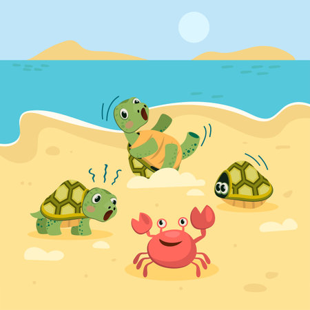 Funny little turtles playing on sea beach with crab. Shell, sand, weekend flat vector illustration. Animals and summer activity concept for banner, website design or landing web pageのイラスト素材