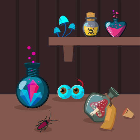 Various potion ingredients on brown background. Crystal, poison, insect flat vector illustration. Witchcraft and alchemy concept for banner, website design or landing web pageのイラスト素材