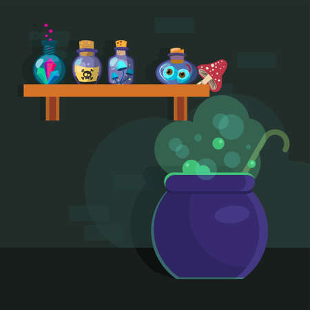 Metal cauldron boiling with magical potion. Glass, ingredient, magic flat vector illustration. Witchcraft and alchemy concept for banner, website design or landing web pageのイラスト素材