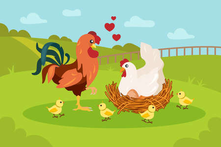 Happy rooster, hen and chickens on lawn. Family, nest, egg flat vector illustration. Farm animals and birds concept for banner, website design or landing web pageのイラスト素材