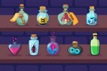 Glass bottles with magic ingredients on shelves. Poison, mushroom, potion flat vector illustration. Witchcraft and alchemy concept for banner, website design or landing web pageのイラスト素材