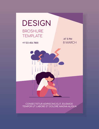 Young lonely girl sitting under storm cloud isolated flat vector illustration. Cartoon unhappy woman crying because of problems. Depression and mental disorder conceptのイラスト素材