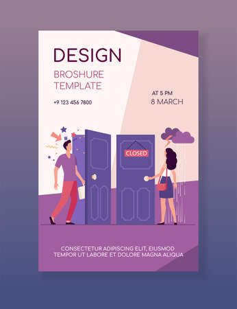 Woman standing in rain and thunderstorm at close door. Man coming by open door with festive confetti. Vector illustration for gender inequality, business discrimination, social issues conceptのイラスト素材