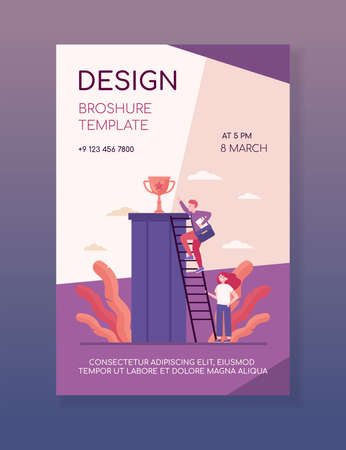 Lucky guy winning prize. Man climbing to gold cup, woman holding ladder flat vector illustration. Teamwork, success, leadership concept for banner, website design or landing web pageのイラスト素材
