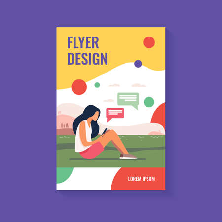 Young girl sitting on lawn with smartphone. Nature, mail, mobile phone flat vector illustration. Communication and digital technology concept for banner, website design or landing web pageのイラスト素材