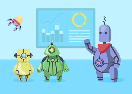Cute robot giving presentation using column charts illustration. Cartoon electronic cyborg pointing at board. Artificial intelligence, technology, business presentation or conference conceptのイラスト素材