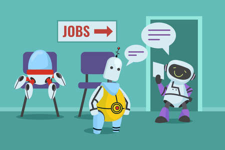 Cute robot waiting in queue for job interview illustration. Cartoon vector electronic cyborg applying for job. Artificial intelligence, modern robots, recruitment conceptのイラスト素材