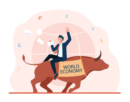 Happy businessman sitting on bull. Globe, money, paper flat vector illustration. World economy and finance concept for banner, website design or landing web pageのイラスト素材