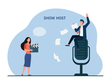 Tiny show host sitting on giant microphone. Interview, television, media flat vector illustration. Entertainment and TV concept for banner, website design or landing web pageのイラスト素材