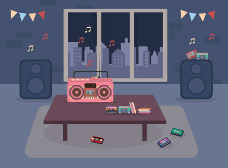 Tape recorder and cassettes on table in living room illustration. Cassette player, tapes, disc, and speakers in room at night. Nostalgia, analog music player, retro technology design, vintage conceptのイラスト素材