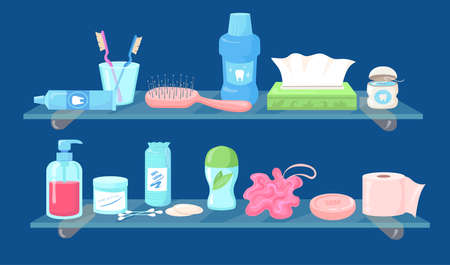 Set of cartoon hygiene care products flat vector illustration. Collection of toiletries, household supplies for personal use. Soap, sponge, cotton pads, swabs on shelves. Hygiene, beauty, care conceptのイラスト素材
