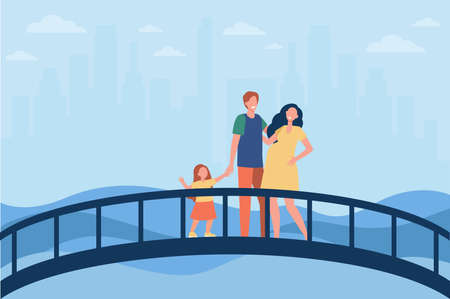 Happy family standing on bridge together. Love, pregnancy, kid flat vector illustration. Relationship and parenthood concept for banner, website design or landing web pageのイラスト素材