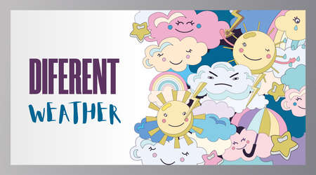 Different weather poster cartoon vector illustration. Collection of various emotional sky fairy characters in cloudy, sunny, rainy weather states. Flat colorful design. Mood, weather, nature conceptのイラスト素材