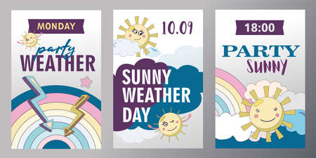 Set of weather invitation cards cartoon vector illustration. Sunny weather theme. Party posters in flat colorful design with time indications and fairy sky characters. Party, weather, nature conceptのイラスト素材
