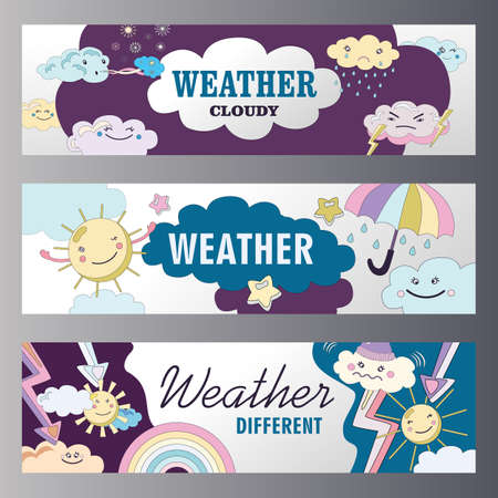 Weather banners set cartoon vector illustration. Different weather themes banners. Cloudy, sunny, rainy conditions with fairy sky characters in flat colorful design. Mood, weather, nature conceptのイラスト素材