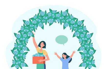 Happy woman with girl standing under flower arch. Box, beauty, flora flat vector illustration. Decoration and plants concept for banner, website design or landing web pageのイラスト素材
