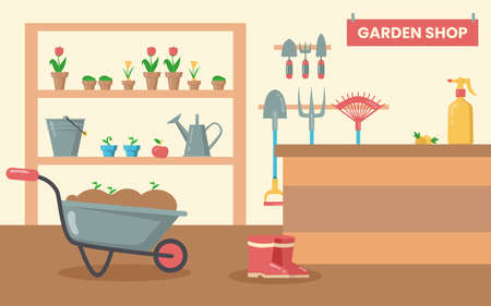 Shop with tools for garden. Gardening equipment, shovel, rake, bucket, watering can, spade, flowers in pots, wheelbarrow with ground cartoon vector illustration. Gardening, hobby, agriculture conceptのイラスト素材