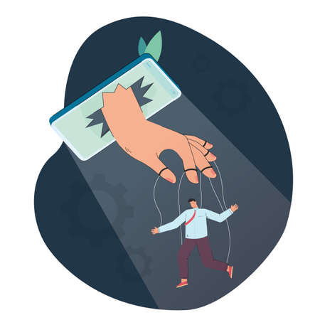 Man controlled by phone as puppet. Internet or news controlling person flat vector illustration. Social media, propaganda, technology dependency concept for banner, website design or landing web pageのイラスト素材