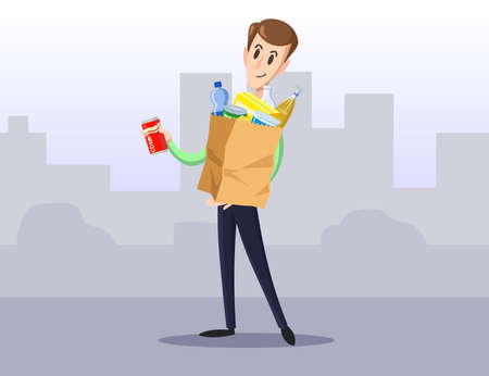 Happy citizen making purchases in modern city. Flat vector illustration. Cartoon man character with paper bag full of food items in city background. Shopping, marketing concept for advertisementのイラスト素材