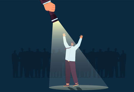 Happy man standing under spotlight. Businessman standing out from crowd, chosen candidate flat vector illustration. Success, job, promotion concept for banner, website design or landing web pageのイラスト素材