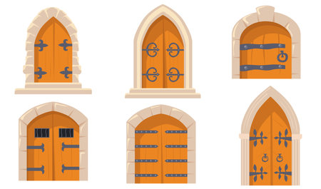Creative medieval castle doors flat pictures set for web design. Cartoon collection of game heavy wooden doors for dungeons isolated vector illustrations. Fantasy and decorative elements conceptのイラスト素材
