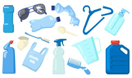 Bright plastic waste flat pictures collection. Cartoon empty bottles, broken objects, recyclable...