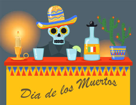 Mexican skeleton in sombrero drinking tequila. Glass, alcohol, beverage flat vector illustration. Day of dead festival and celebration concept for banner, website design or landing web pageのイラスト素材