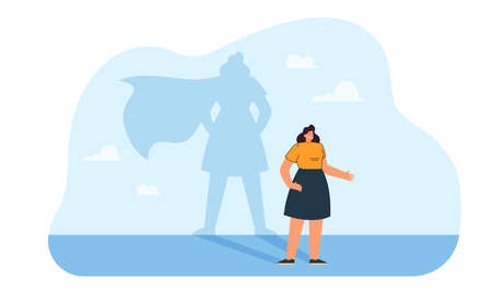 Happy brave woman with super hero shadow. Strong successful female leader flat vector illustration. Feminism, strong women, leadership concept for banner, website design or landing web pageのイラスト素材