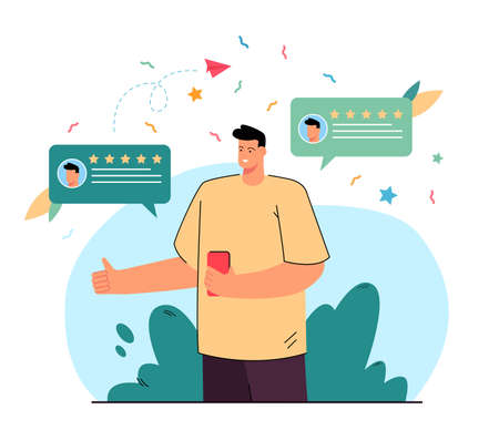 Customer giving positive feedback and reviews online. Client with smartphone recommending flat vector illustration. Social media, online review concept for banner, website design or landing web pageのイラスト素材