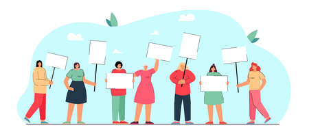 Group of women with banners protesting. Female characters fighting for equality and rights flat vector illustration. Feminism, gender equality concept for banner, website design or landing web pageのイラスト素材