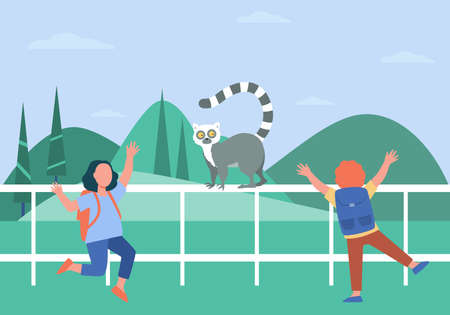 Happy children watching lemur in contact zoo. Girls looking at animal with long tail flat vector illustration. Zoo, family activity, wildlife concept for banner, website design or landing web pageのイラスト素材
