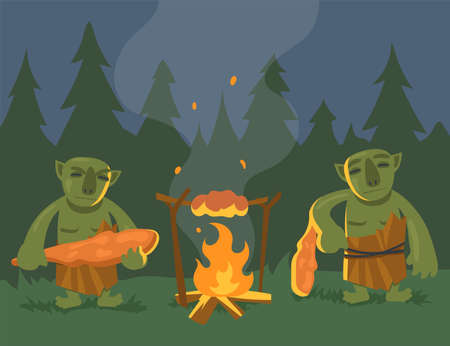 Two cartoon green trolls near bonfire flat vector illustration..Angry orcs or monsters with truncheons preparing dinner over fire in forest at night. Computer game, fantasy, fairytale, monster conceptのイラスト素材