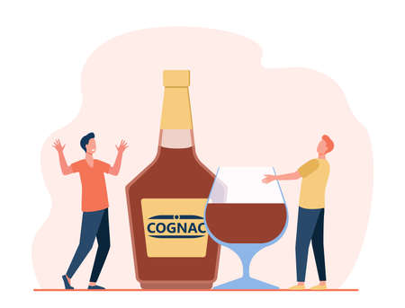 Two tiny men with giant glass and bottle full of alcohol. Flat vector illustration. Friends with alcohol enjoying time together. Alcohol, beverage, party concept for banner design, advertisementのイラスト素材