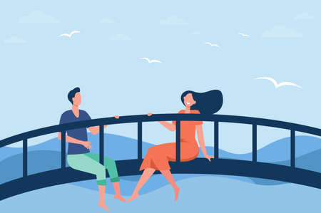 Happy couple sitting on bridge together flat vector illustration. Cartoon man and woman enjoying...