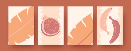 Graphic exotic collection of contemporary art posters. Pastel leaves, bananas and guava vector illustrations. Tropical and healthy food concept for banners, website design or backgroundsのイラスト素材