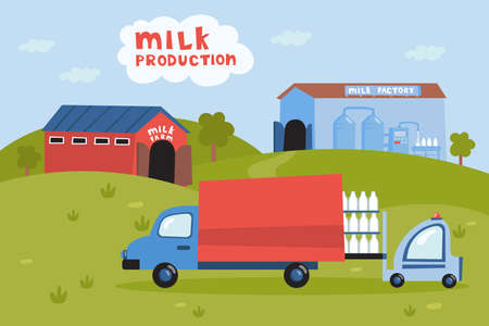 Truck picking up milk from farm vector illustration. Forklift loading bottles of milk into car, transportation of dairy products, milk factory. Milk production, dairy, industry, food conceptのイラスト素材