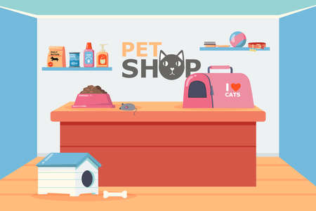 Pet shop interior with counter and shelves vector illustration. Pet carrier, bowl with food, toy mouse, dog house, shampoo, brush, ball and collar on shelf. Pet shop, domestic animals conceptのイラスト素材