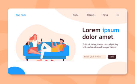 Couple sitting on sofa and using smartphones. Relaxing, couch, family flat vector illustration. Digital technology and lifestyle concept for banner, website design or landing web pageのイラスト素材