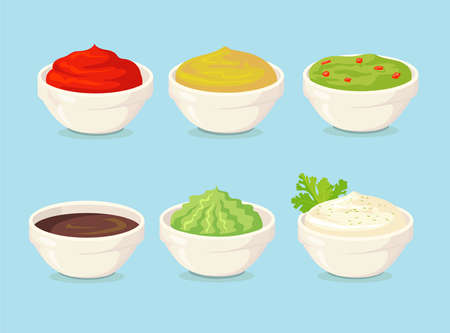 Set of cartoon sauces flat vector illustration. Collection of bowls with colorful spicy mustard, ketchup guacamole, wasabi, chili, avocado sauces in blue background. Food, menu, sauce, cuisine conceptのイラスト素材
