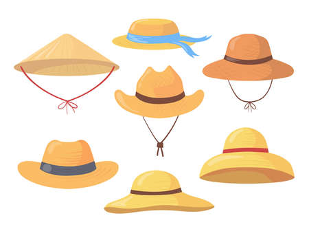Cartoon set of different farmer straw hats. Flat vector illustration. Collection of colorful gardener or agricultural worker summer headdresses. Clothes, farming, style, fashion, headdress conceptのイラスト素材