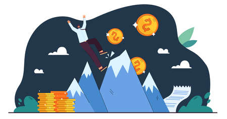 Cartoon tiny businessman falling down from top of success. Flat vector illustration. Unexpected company failure in result of accident, mistake, error. Business, money loss, risk prevention conceptのイラスト素材