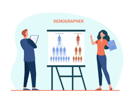 Two demographers presenting population statistics. Clipboard, analyst, comparison flat vector illustration. Analytics and demographics concept for banner, website design or landing web pageのイラスト素材