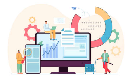 Tiny programmers in analysis process of data. Flat vector illustration. Software people working on codes, settings, diagrams and giant gadgets. Technology industry, software analysis, research conceptのイラスト素材