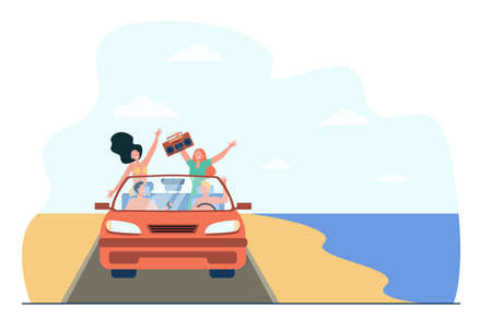 Happy young people riding on beach in car. Sea, vehicle, recorder flat vector illustration. Vacation and holiday concept for banner, website design or landing web pageのイラスト素材