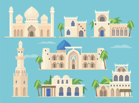 Cartoon set of different Arabic buildings in traditional style. Flat vector illustration. Islamic heritage, old African or Indian castles. Arabic, ancient architecture, Taj Mahal, bazaar conceptのイラスト素材